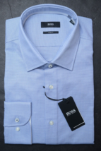 Hugo Boss Men&#39;s Jesse Slim Fit Navy Blue Plaids Cotton Dress Shirt 39 15.5 34/35 - £56.04 GBP