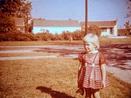 1957 Blonde Girl Pixie Hair Style Dress Front Yard Ektachrome 35mm Slide - £4.34 GBP