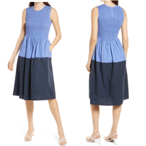 French Connection Rhodes Colorblock Smocked Poplin Dress, Size 6, Blue, Nwt - £21.41 GBP