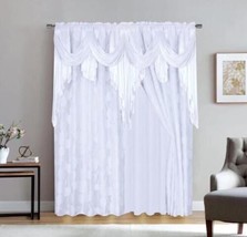 Sara Flowers White Curtains Windows Panels With Attached Valance 2 Pcs Set - £39.46 GBP