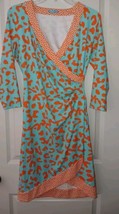J McLaughlin XS Geo Print Dress Catalina Cloth Knit Coral/Turquoise Faux... - $37.11