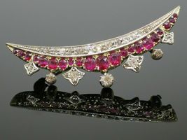 Antique Edwardian 6.50Ct Red Ruby &amp; Diamond Crescent Brooch 14k Yellow Gold Over - £121.59 GBP