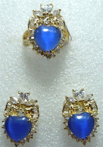 Lady's fine blue heart love opal stud earrings & ring (size 6-9 exit) set - $16.99