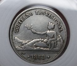 Spain 1869 Provisional Government Una 1 Peseta Silver Coin - $24.49