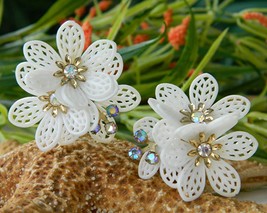 Vintage Coro Earrings Soft Plastic Filigree Flowers AB Rhinestones - $19.95