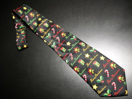 Keith Daniels Neck Tie Merry Christmas Theme Bands of Black Red Gold Greens - $10.99