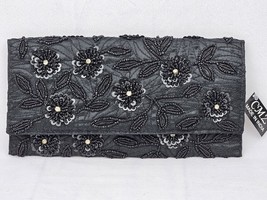 CMZ Evening Clutch Purse Black Beaded Flowers Leaves Rhinestones Cocktail Party - £21.48 GBP