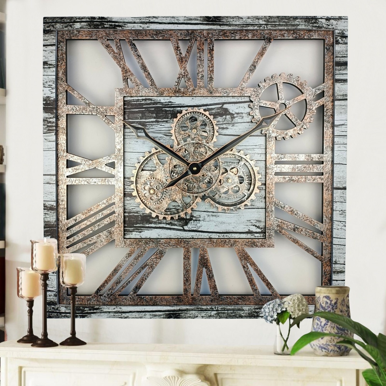 Primary image for Wall clock 24 inches Square with real moving gears Grey & White