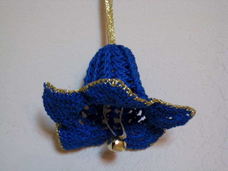 Primary image for Decor Flower Ornament crochet 4"x3" Set of 3 - blue & gold w/ bell