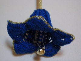 Decor Flower Ornament 4&quot;x3&quot; blue with gold trim and ribbon w/ bell Great... - £15.67 GBP
