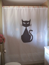 Shower Curtain black cat big eyes feline tail kitten - $72.57
