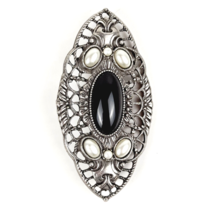 Vintage Filligree SILVER-TONE Black Onyx Brooch With Faux Pearls - £15.89 GBP