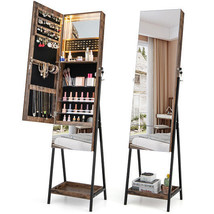 Lockable Freestanding Jewelry Organizer with Full-Length Frameless Mirror-Rustic - £95.86 GBP