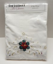 Holiday Christmas Ribbon Poinsettia White Tablecloth Cut Cloth Gold Thre... - $99.99