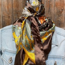 Yellow Brown Floral Printed Western Southwestern Wild Rag Scarf Accent - £19.42 GBP
