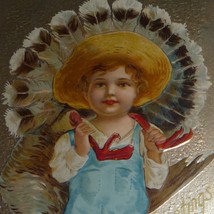 Adorable Boy With Turkey and Pumpkin Antique Thanksgiving Postcard - $5.25