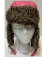 Red Girls Winter Hat Ear Flaps Brown Faux Fur Waterproof Pink Neck Strap - $18.54