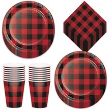 Red &amp; Black Flannel Buffalo Plaid Dessert Party Pack - Paper Plates, Beverage Na - £10.59 GBP