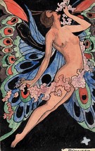 ACEO Original Hand-Painted Watercolor Card Art Nouveau Nude Woman Butterfly - £18.47 GBP