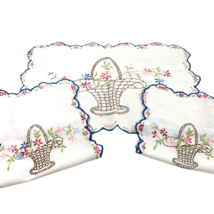 Vintage 3 Piece Hand Embroidered Basket Flowers Blue Linen Dresser Chair Set - $27.68