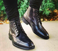 Handmade mens cap toe leather dress boots  men black leather ankle boots thumb200