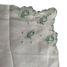 Handkerchief White Hankie Floral Flowers Embroidered Green Linen 11x10.75” - $11.20