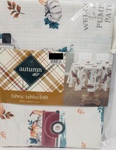 Printed Fabric Tablecloth 60&quot;Round,RED Truck With Pumpkins &amp;Leaves,Autumn Air,Bl - £18.30 GBP