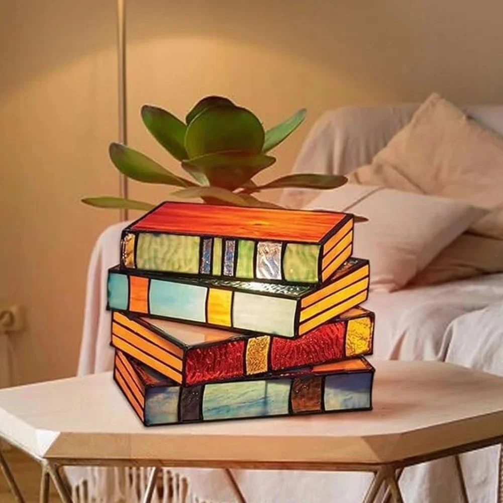 Stained Glass Stacked Books Lamp Night Light Table Desk Reading Book Light - $20.48
