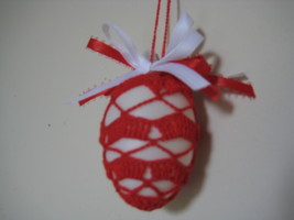 Vintage Easter Egg Decor ornament crochet 2.5&quot;x2&quot; red pattern w/ red whi... - £15.68 GBP