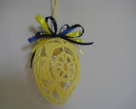 Vintage Easter Egg Design yellow pattern crochet 3.5&quot;x2.5&quot; w/ yellow blu... - $19.95