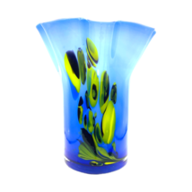 Vintage Murano Ruffled Edge Vase - Blue &amp; Yellow Elegance - £138.41 GBP