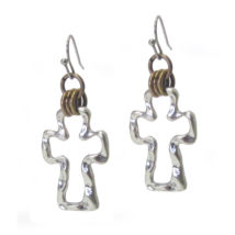 Wire Wrapped Hammered Cross Dangle Drop Earrings Silver - £10.58 GBP