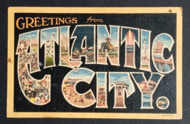 Greetings from Atlantic City Large Letter New Jersey NJ Linen Postcard c1940s - £4.01 GBP
