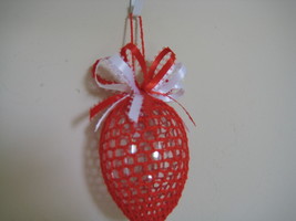 Vintage Easter Egg Deco Ornament 2.5&quot;x2&quot; red pattern w/ red white bow - $19.95