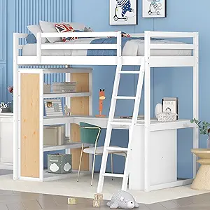 Twin Size Loft Bed With Ladder, Shelves, And Desk - White Finish - $796.99