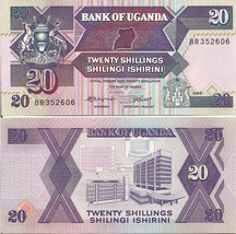 Uganda P29a, 20 Shilling, map, deer, emu / original Bank of Uganda  UV image UNC - £3.25 GBP