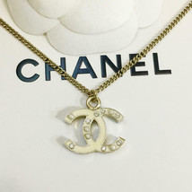 CHANEL Pendant Necklace CC Logo light Gold Beige Rhinestone Pearl 07A 0712 - £345.86 GBP
