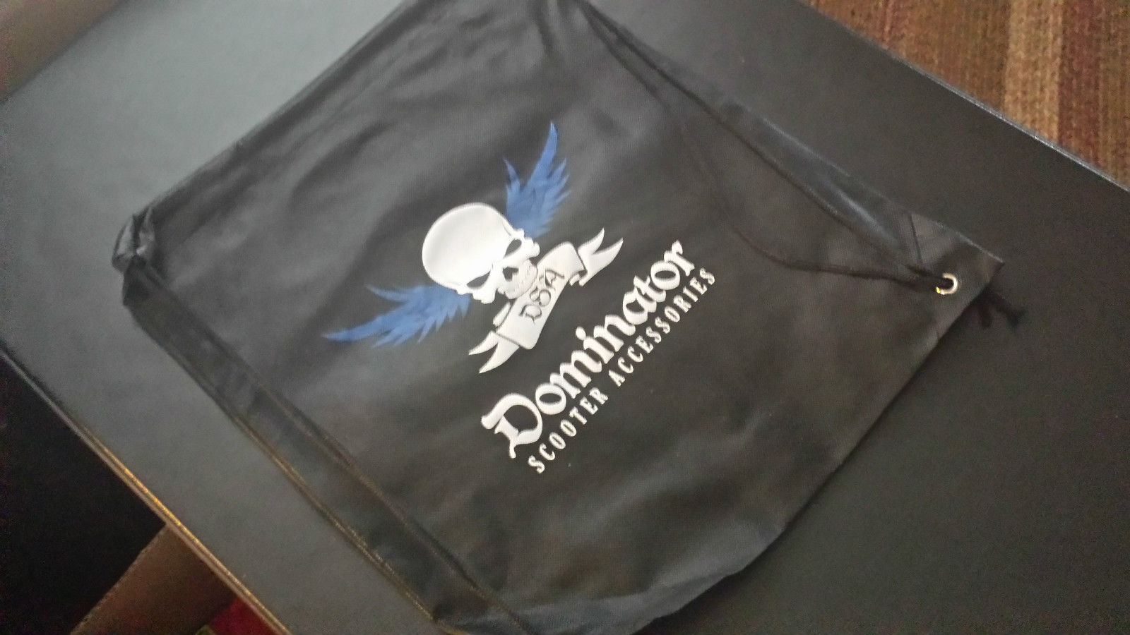 Dominator Scooter Cinch Bag-Black with blue white logo & skull-with drawstrings  - $5.00