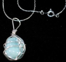 S925 Sterling Silver Wire Wrapped Sky Blue Turquoise Chunk Pendant Necklace - $17.95