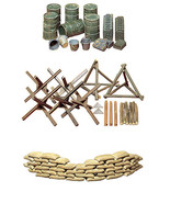 3 Tamiya Military Models - Sand Bags, Barricade and Oil Drums and Jerry ... - £19.32 GBP