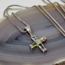 925 Sterling Silver - Crystal Cross Pendant Chain Necklace 16&quot; Green Purple Blue - £24.01 GBP