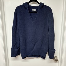 By Anthropologie Thick Hooded V Neck Sweater Navy Blue Size Medium Cuffed - $49.50