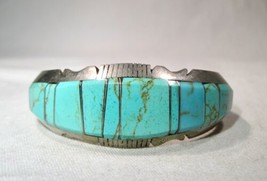 Vintage Sterling Silver Navajo Turquoise Inlay Cuff Bracelet K201 - £639.82 GBP