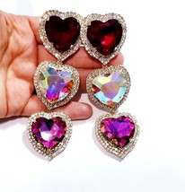 Colorful Rhinestone Heart, CLIP ON Earrings, Oversized Chandelier Earrings, Drop - £47.30 GBP
