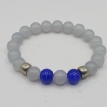 Blue and White Beaded Bracelet, Silver Spacers - $25.00