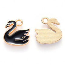 Black Swan Charms Gold Enamel Duck Pendants Jewelry Making Supplies 14mm 2pcs - £1.67 GBP