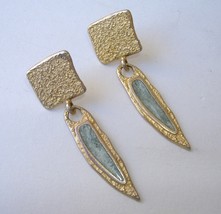 Blue Green Earrings Gold Textured Metal Pierced Post Dangle Square Drop - £25.57 GBP