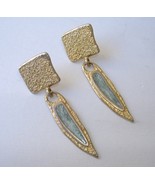 Blue Green Earrings Gold Textured Metal Pierced Post Dangle Square Drop - $32.00