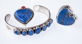 Sterlingsilber Navajo Lapislazuli Manschette, Brosche, Und Ring Set Von Nez - $1,050.40