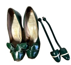 Tweedies 40s Green Leather Bow Pump Heels w/Peep Toe sz 5?N + Matching S... - $82.71